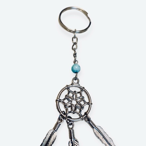 Dream Catcher Key Chain Silver Tone Simulated Turquoise Dangle Feathers VTG 70’s - Picture 7 of 12